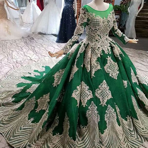 2022Muslim Green Evening Dress With Long Veil O-Neck Long Sleeve Formal Gown Latest Design In Best Seller List Girl Pageant Dress