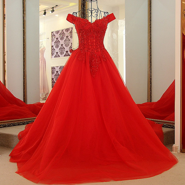 Sexy Red Prom Dress A-Line Luxury Beaded Pearls Off The Shoulder Corset Back Tulle Red Evening Dresses Long Special Occasion Dresses