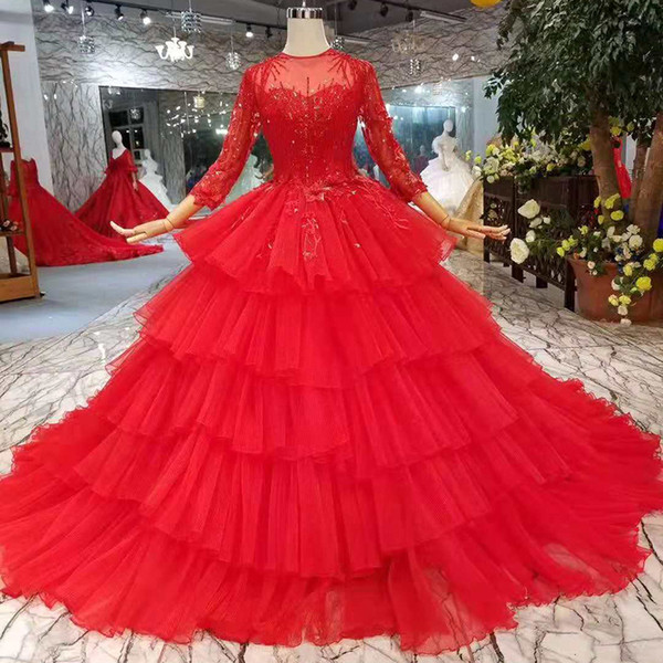 2022Cake Style Red Evening Dresses O-Neck Long Sleeves Multi-Layers Skirt Party Prom Dresses Long Ball Gown New Fashion Design Saudi Arabia