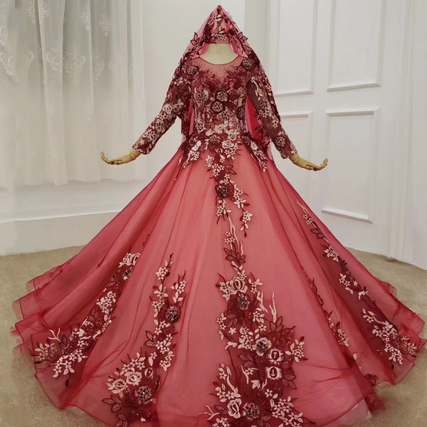 Deep Red Elegant Evening Gowns With Veil O Neck Long Tulle Sleeve Handmade Appliques Lace Dresses For Gratuating Date Abiye Gece Elbisesi