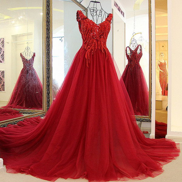 Evening Dresses High Quality Party Gown Lace Up Back A Line Sexy V-Neck Wine Red Tulle Rhinestone Luxury Evening Gown South Africa