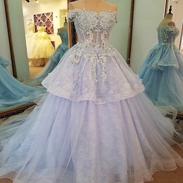 Formal Evening Dresses With Flowers Long Corset Back Short Sleeves Ball Gown Beaded Blue Evening Party Dresses Robe De Soiree Real Photos