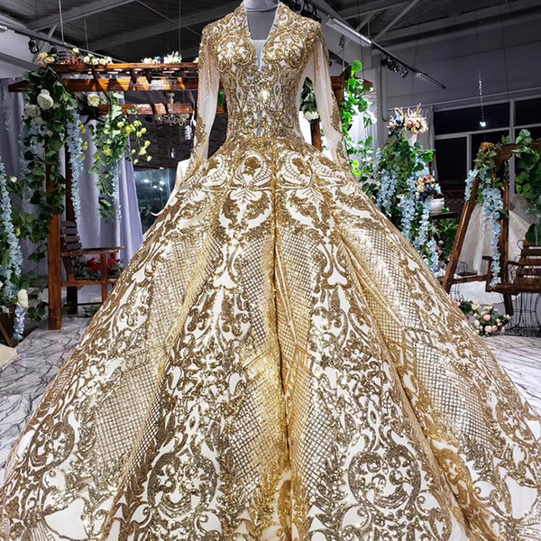 2022autumn vestidos de noche illusion v neck long tulle sleeve lace up back gold lace applique sequins swollen long sleeve evening gowns