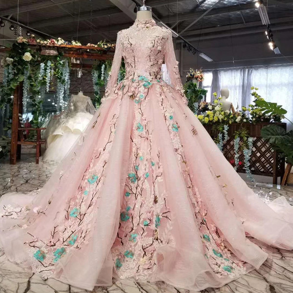 2022Latest Muslim Evening Dresses Long Tulle Sleeve Illusion High Neck Lace Up Back Hand Made 3D Applique Luxury Sequins Lace Prom Gowns