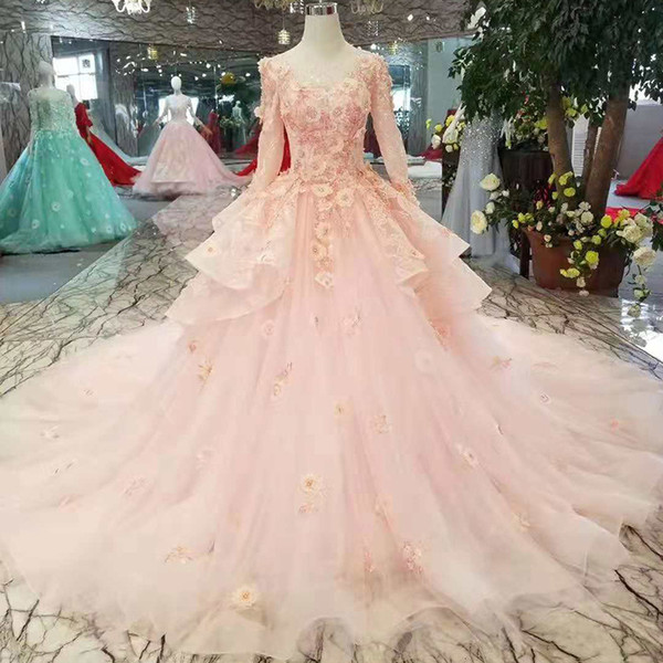 2022Pink Girls Pageant Dress O Neck Long Tulle Sleeves Evening Dresses Long Multi-Layer Celebration Hand Work Flower Party Dresses Croatia