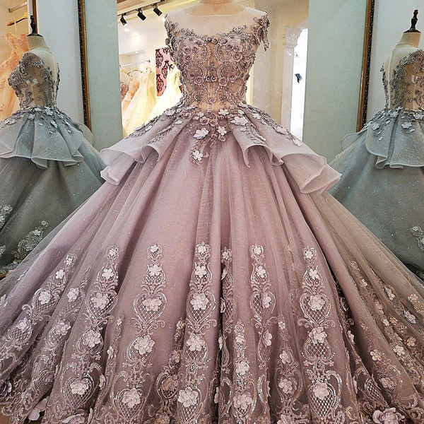 2022Grey Evening Dresses Long Flowers Zipper Back Cap Sleeves Prom Dress Elegant Grey Polyester Ball Gown Evening Dress Real Picture