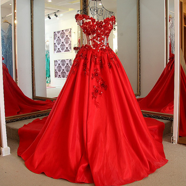 Red Party Gowns Lace Up Back A-Line Off The Shoulder Short Sleeves Beaded Appliques Lace Satin Long Formal Evening Dresses Real Photos