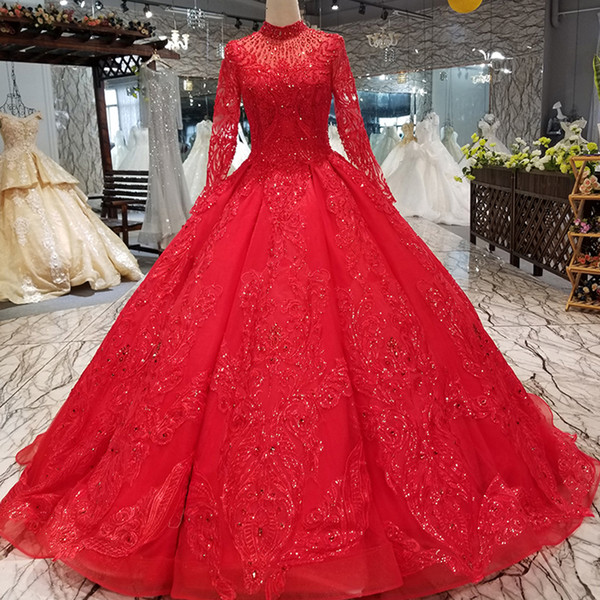 2022Red Muslim Puffy Vintage Evening Party Dresses Long Sleeves High Neck Floor Length Ball Gown Formal Party Dresses Girl Pageant Dress