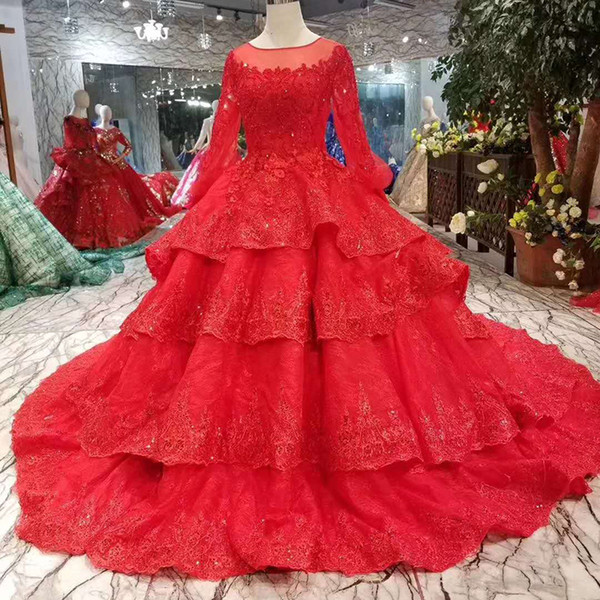 Ball Gown Red Bride Evening Dresses With Train O-Neck Long Sleeves Luxury Evening Party Dresses Long 2022Latest Fashion Design Melbourne