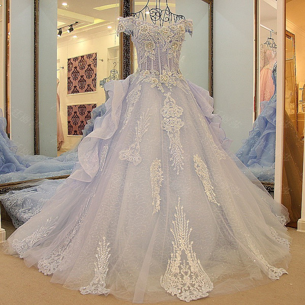 Evening Elegant Formal Dresses Sweep Train Off The Shoulder Corset Back Short Sleeves Light Blue Long Ruffles Graduation Prom Dresses 2019