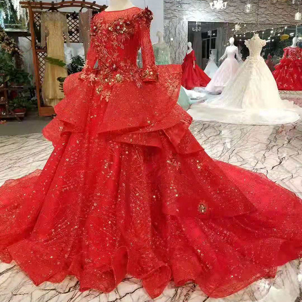 2022New Ruffy Red Pageant Party Dresses Multi-Layer Muslim Evening Dresses Long Ball Gown Long Sleeves Celebration Prom Dress Croatia