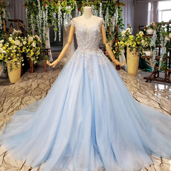 Light Blue Evening Dresses With Train O Neck Cap Sleeveless Ball Gown Appliques Elegant Women's Long Prom Dresses Vestidos De Festa Longo