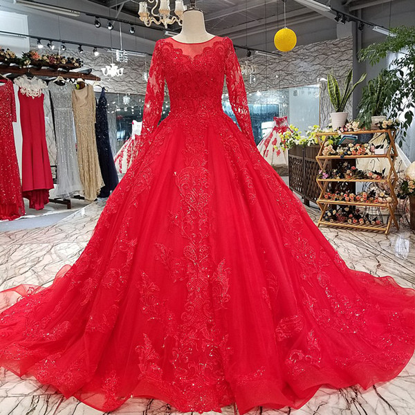 Classic Vintage Style Red Prom Party Dress O-Neck Long Tulle Sleeve Detail Applique Beaded Beauty Pageant Evening Dress Can Be Made Muslim