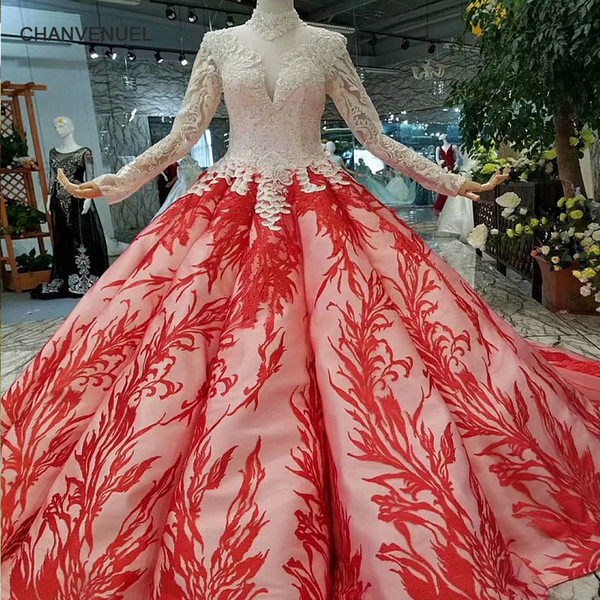 2022Ball Gown Red Evening Party Dresses Long Sleeves High Neck Lace Up Back Muslim Evening Dresses With Long Train Girl Pageant Dress