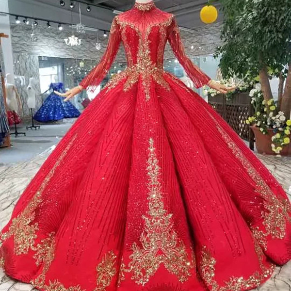 Ball Gown Red Women Evening Party Dresses Floor Length High Neck Long Sleeves Swollen Gold Applique Prom Dresses Pleated Evening Dresses