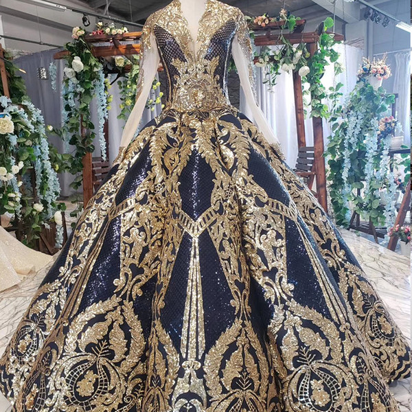 evening dresses 2022autumn latest v neck long tulle sleeve lace up back gold sequins applique pattern Abendkleider swollen garden ball gown