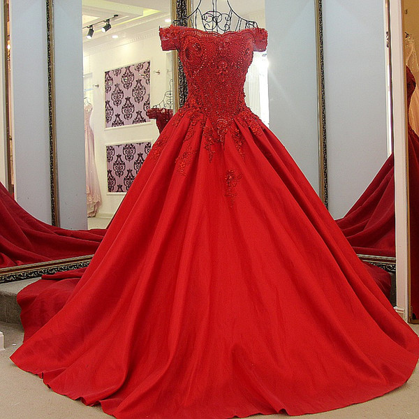 Sexy Red Evening Real Images Dress Crystal Luxury Beaded Pearls Off The Shoulder Corset Lace-up Back Ball Gown Satin Evening Gowns Long