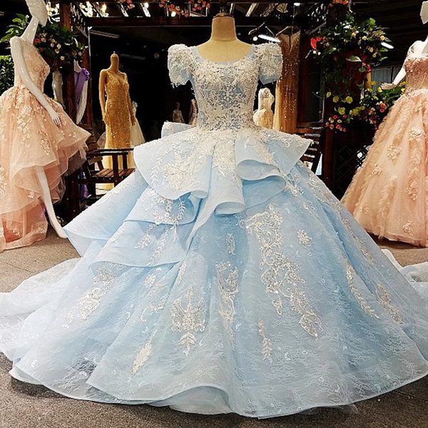 2022Elegant Long Party Dresses Evening O-Neck Lace Up Ball Gown Short Sleeve Blue Tiered Formal Dresses Evening Gown Quinceanera Dresses