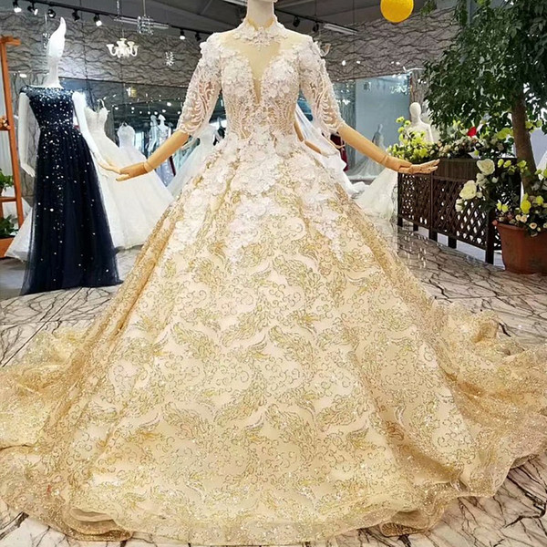 2022Golden Women Formal Evening Dresses Long Sleeve High Neck 3D Flower Golden Ball Gown Royal Dubai Evening Dresses Girl Pageant Dress