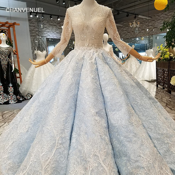 Light Blue Formal Dresses Evening Gown Deep V-Neck Three Quarter Tulle Sleeves Ball Gown Party Dress Floor Length Modern Prom Dresses