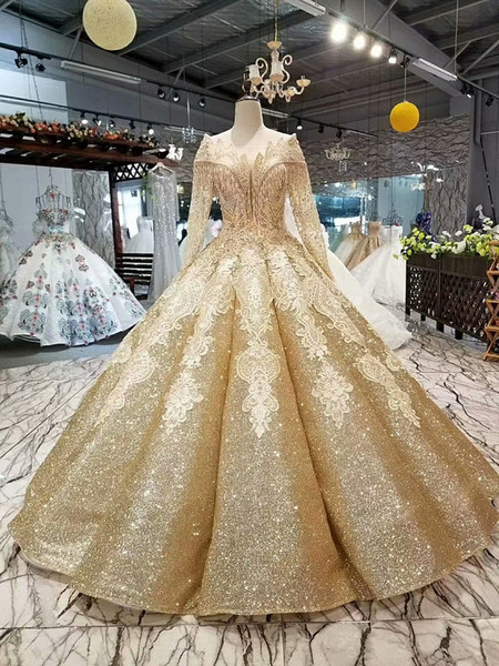 2022Shiny Golden Curve Shape Evening Dresses Special O-Neck Long Tulle Sleeves Lace Up Floor Length Ball Gown Bling Evening Party Dresses