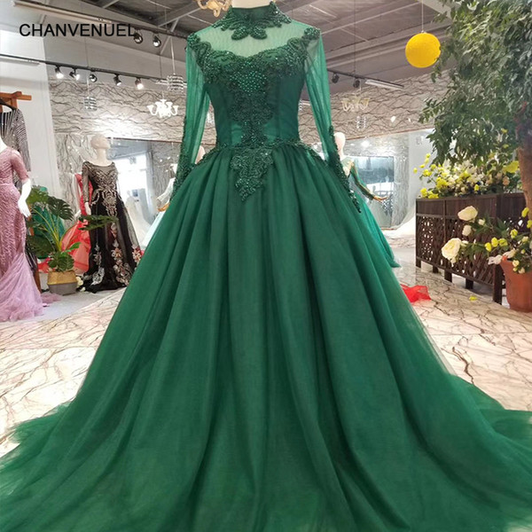 Muslim Occasion Dresses Women High Neck Long Sleeves Lace Up Back A-Line Green Mothers Of Brides Dresses Long Party Dress Evening