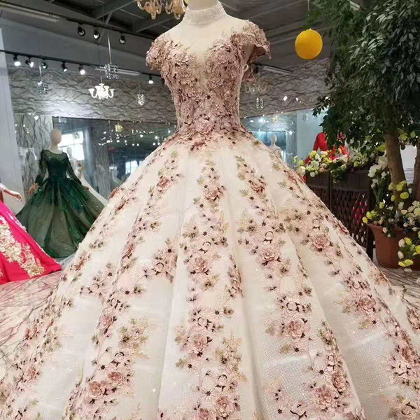 Flowers Pleat Evening Dresses O-Neck Long Sleeves Appliques Lace Up Back Floor Length Swollen Muslim Prom Dresses Ball Gown 2022New Style