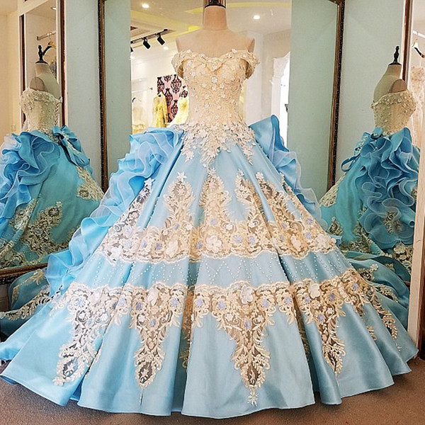 2022Evening Dresses Satin Beading Sequined Appliques Ball Gown Off The Shoulder Blue Queen Long Party Formal Dresses Real Photos