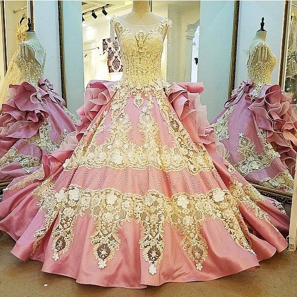 2022Long Dresses For Party Satin Ball Gown O-Neck Beading Appliques Flowers Ball Gowns See Through Back Lace Satin Formal Evening Dresses