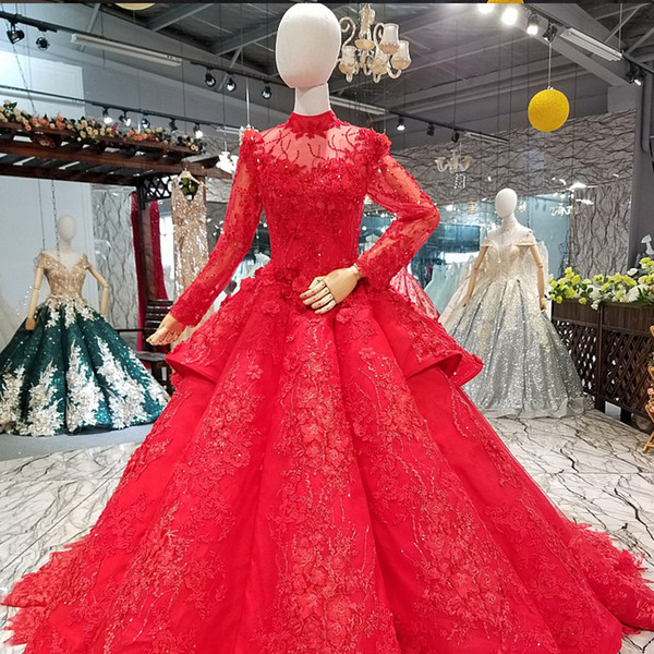 2022Red Muslim Puffy Vintage Evening Dress Long Tulle Sleeves High Neck Curve Shape Party Dresses With Peplum Girl Pageant Dress