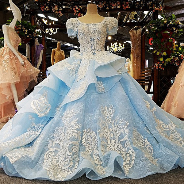 2022Homecoming Dresses Scoop Neckline Blue Short Sleeve Lace Up Back Tiered Ball Gown Lace Women Dresses Evening Party Gown Robes