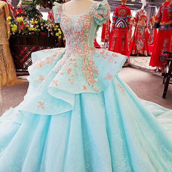 2022Princess Evening Dress With Puffy Sleeves O-Neck Lace Up Back Court Train Green Ball Gown Lace Long Dress Party Girl Pageant Dress