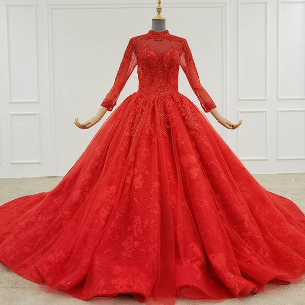 2022Red Formal Dress Long High Neck Long Tulle Sleeve Beading Sequin Handmade Flowers Ball Gown Women's Evening Dress Vestidos De Finalista