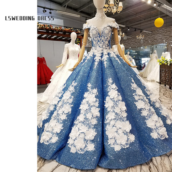 2022Newest 3D Flowers Decorate Special Blue Evening Dress With Beaded Shoulder Chain Off Shoulder Floor Length Swollen Evening Dress