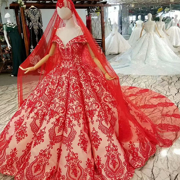 2022Red Vintage Curve Shape Evening Dresses Off The Shoulder Sweetheart Ball Gown Bride Dresses With Long Veil Girl Pageant Dress