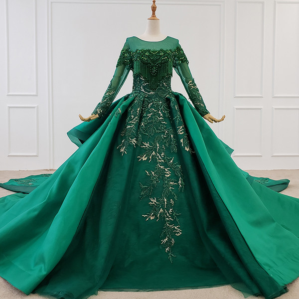 2022Deep Green Long Formal Dresses O-neck Appliques Sequin Pattern Luxury Long Tulle Sleeve Evening Dress Dubai Vestidos De Festa Longo