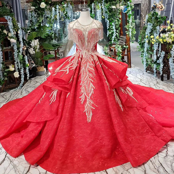 2022Latest Luxury Evening Dresses Open Keyhole Lace Up Back Tassel Short Sleeve Illusion O Neck Ruffle Sequins Crystal Pattern Evening Gown