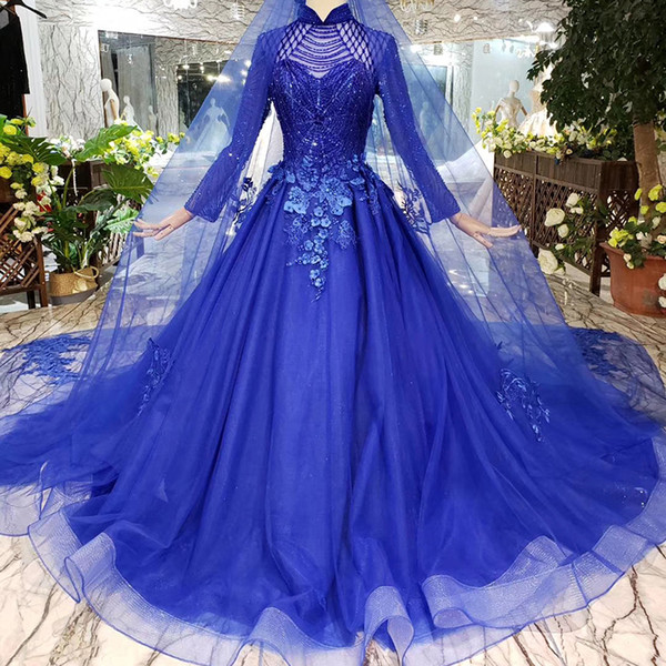 2022Luxury Muslim Cocktail Party Dresses Lace Veil Long Tulle Sleeve High Neck Lace Up Back 3D Hand Made Applique Crystal Evening Gown