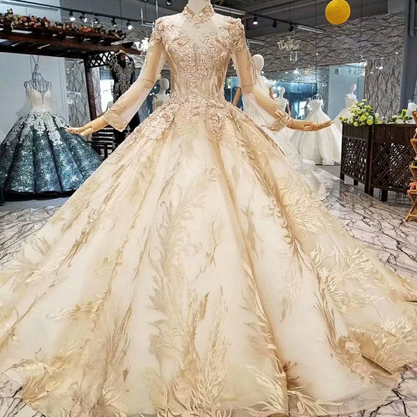 2022Luxury Muslim Evening Dresses Long Sleeve High Neck 3D Flower Golden Ball Gown Dubai Women Occasion Dresses Girl Pageant Dress