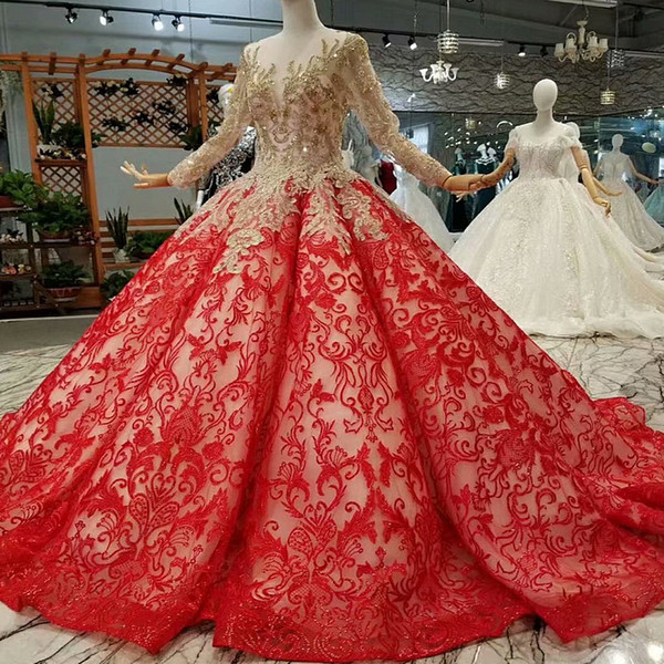 2022Evening Dresses Red Curve Shape Party Dresses With Golden Lace O-Neck Long Sleeves Lace Up Back Ball Gown Bride Dress Court Train