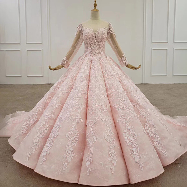 2022Plus Size Evening Dresses Bridal Gowns O Neck Long Illusion Sleeve Court Train Appliques Pink Elegant Evening Dresses Vestidos De Noche