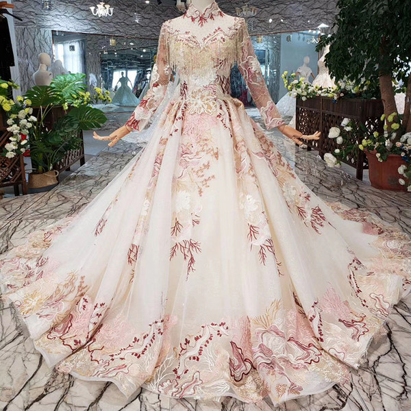 2022Latest Muslim Long Sleeve Prom Dresses Illusion High Neck Tassel Chest Lace Up Back Crystal Hand Made 3D Floral Applique Evening Gowns