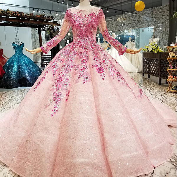 2022Muslim Colorful Cheap Pink Evening Dresses Long Sleeves O-Neck Pink Flowers Ball Gown Beauty Girls Pageant Dresses With Headwear