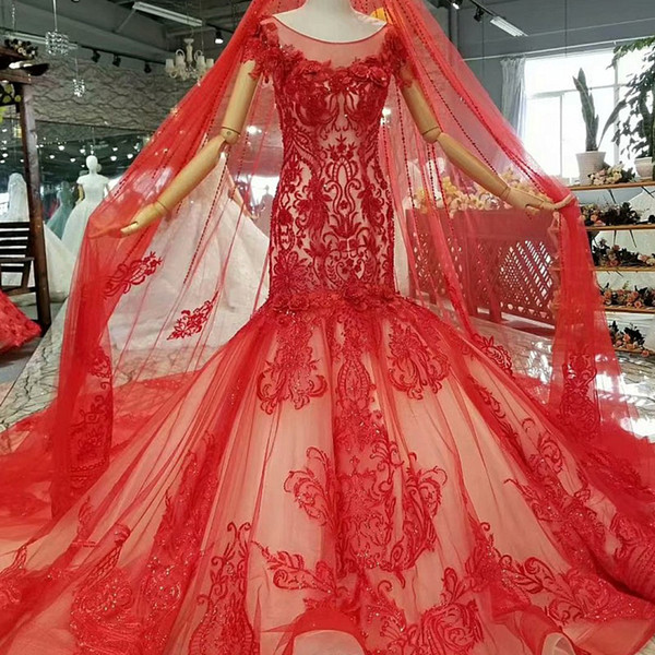 2022Red Vintage Mermaid Bride Party Dresses O-Neck Short Sleeves Trumpet Bridal Evening Dresses With Tulle Veil Girl Pageant Dress