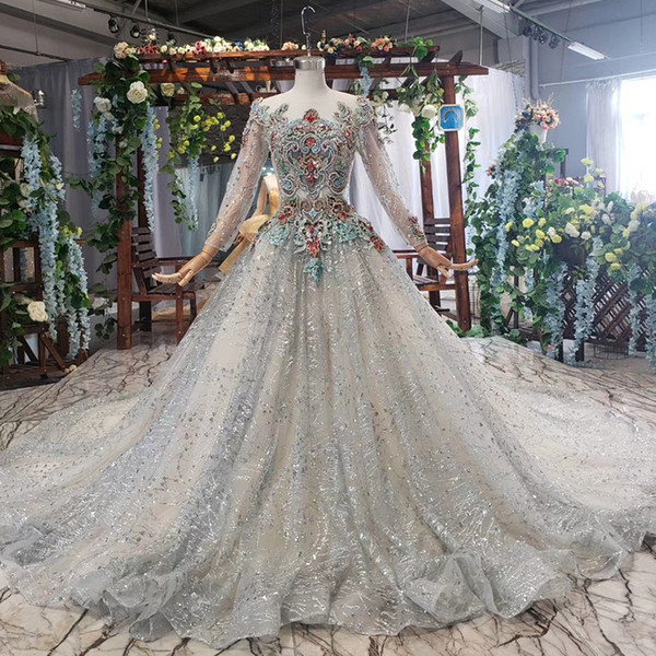 2022Saudi Arabia Evening Dresses Long Tulle Sleeve Illusion O Neck Multicolor Crystal Sequins Pearl Pattern Lace Up Back 2022Latest Gowns