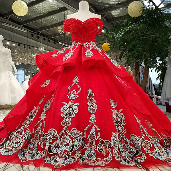 2022Vintage Evening Dress Off Shoulder Sweetheart Floor Length Lace Up Back Crystal Ball Gown Prom Dress Red Puffy Evening Dress Wholesale