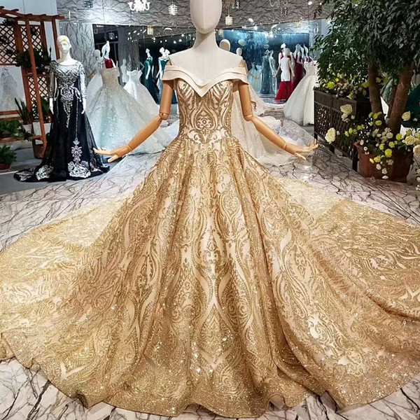 2022Royal Golden Lace Shiny Long Party Dresses Off Shoulder Sweetheart Short Sleeves Bling Evening Dresses With Long Train Quick Shipping