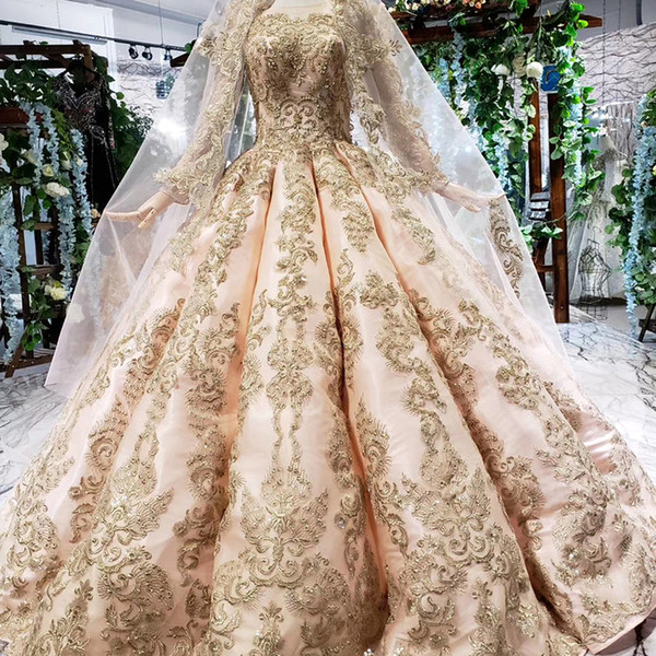 2022Latest Muslim Evening Dresses Long Tulle Sleeve Long Lace Veil Gold Luxury Crystal Applique Pattern Lace Up Back Swollen Prom Gowns