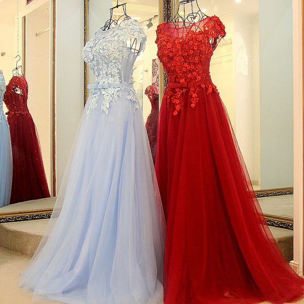 Elegant Evening Dress Lace Tulle Floor Length Cap Sleeve Corset Back Wine Red And Light Blue Party Dress Newest Design