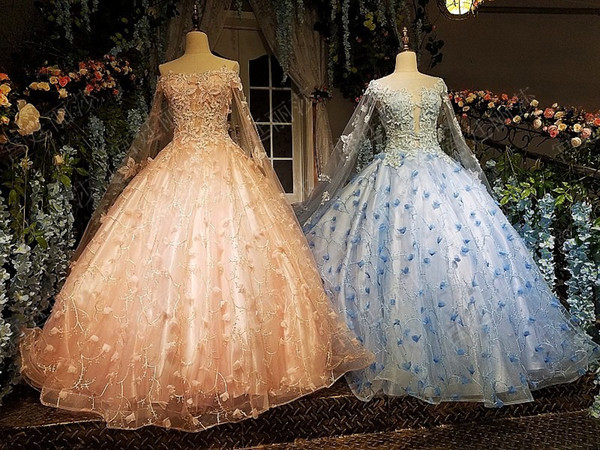 2022Evening Dresses Long With Cape Lace Ball Gowns Pink And Blue Polyester Sweep Train Dresses Long Party Real Photos Girl Pageant Dress